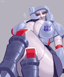 Rule 34 | 1girl, absurdres, breasts, cleavage, colored sclera, crossed legs, decepticon, genderswap, genderswap (mtf), grey background, helmet, highres, humanization, large breasts, looking at viewer, mechanical arms, mechanical legs, megatron, nezulet, red eyes, red sclera, simple background, solo, transformers