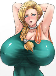 Rule 34 | 1girl, armpits, arms behind head, arms up, bianca (dq5), blonde hair, blue eyes, blush, braid, breasts, covered erect nipples, covered navel, dragon quest, dragon quest v, female focus, gigantic breasts, long hair, looking at viewer, ogura anko, open mouth, simple background, skin tight, solo, toned, tongue, upper body, white background