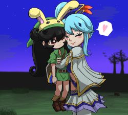 Rule 34 | 2girls, animal ears, ashley (warioware), belt, black hair, blue hair, blush, boots, bright pupils, brown footwear, cape, carrying, carrying person, cheek-to-cheek, closed eyes, closed mouth, cosplay, crossover, eyeshadow, fake animal ears, feather hair ornament, female focus, grass, green headwear, hair between eyes, hair ornament, hat, heads together, heart, highres, hug, hyrule warriors, lana (hyrule warriors), link, link (cosplay), long hair, makeup, multiple girls, night, night sky, nintendo, one eye closed, outdoors, rabbit ears, red eyes, shield, sidelocks, silhouette, skirt, sky, smile, spoken heart, standing, sweatdrop, takamame, the legend of zelda, tree, tree stump, tunic, twintails, warioware, white pupils