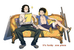Rule 34 | 2boys, afro, bad id, bad pixiv id, black hair, closed eyes, couch, grin, highres, holding, holding sketchbook, long nose, monkey d. luffy, multiple boys, notebook, one piece, open clothes, open shirt, paintbrush, pout, quana, short hair, shorts, sitting, sketchbook, smile, usopp, white background