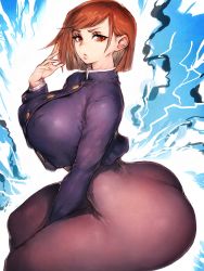 Rule 34 | 1girl, adapted costume, ass, black bodysuit, blue background, bodysuit, breasts, brown eyes, brown hair, closed mouth, covered erect nipples, cowboy shot, fumio (rsqkr), highres, huge ass, jacket, jujutsu kaisen, kugisaki nobara, large breasts, long sleeves, looking at viewer, matching hair/eyes, pantyhose, short hair, sitting, solo, thick thighs, thighs
