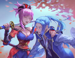 Rule 34 | 1boy, 1girl, :d, blue eyes, blue hair, blush, breasts, cleavage, detached sleeves, fate/grand order, fate (series), hand on another&#039;s shoulder, holding, holding sword, holding weapon, japanese clothes, ji wuming, katana, large breasts, laughing, long hair, miyamoto musashi (fate), miyamoto musashi (second ascension) (fate), open mouth, over shoulder, petals, pink hair, pixiv fate/grand order contest 2, ponytail, sasaki kojirou (fate), scabbard, sheath, short hair, smile, surprised, sword, sword over shoulder, weapon, weapon over shoulder