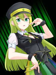 Rule 34 | 1girl, alina gray, black bow, black hat, black necktie, black vest, blunt ends, bow, breasts, brooch, chain, chiyoko yama, cleavage, collar, cross tie, detached collar, fur cuffs, gem, green eyes, green gemstone, green hair, hair between eyes, hat, jewelry, lapels, long hair, looking at viewer, magia record: mahou shoujo madoka magica gaiden, magical girl, mahou shoujo madoka magica, medium breasts, multicolored clothes, multicolored hair, multicolored skirt, necktie, notched lapels, open mouth, peaked cap, pleated skirt, puffy short sleeves, puffy sleeves, see-through, see-through sleeves, short sleeves, sidelocks, skirt, sleeve cuffs, solo, straight hair, streaked hair, striped clothes, striped skirt, v-neck, vertical-striped clothes, vertical-striped skirt, vest, waist bow, white collar, white sleeves