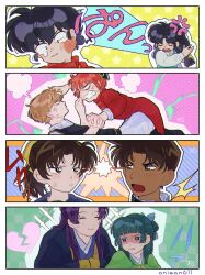 4boys 4girls anger_vein artist_name blunt_bangs blush broken_heart chinese_clothes commentary dark-skinned_male dark_skin dress electricity eye_contact gintama green_hair hattori_heiji heart highres jinshi_(kusuriya_no_hitorigoto) kagura_(gintama) kusuriya_no_hitorigoto long_hair looking_at_another maomao_(kusuriya_no_hitorigoto) meitantei_conan multiple_boys multiple_girls okita_sougo onisan611 orange_hair ponytail profile purple_hair ranma_1/2 red_dress saotome_ranma short_hair sidelocks slap_mark symbol-only_commentary tears tendou_akane tooyama_kazuha