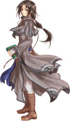 Rule 34 | 1boy, black hair, book, boots, brown footwear, capelet, facial mark, fire emblem, fire emblem: radiant dawn, forehead mark, full body, grey capelet, grey robe, holding, holding book, long hair, long sleeves, looking at viewer, low ponytail, male focus, multi-tied hair, nemupon (goodlucky), nintendo, pants, red eyes, robe, sidelocks, simple background, soren (fire emblem), standing, white background, white pants, wide sleeves