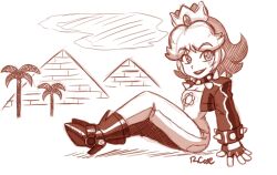 Rule 34 | 1girl, biker clothes, breasts, cleavage, crown, earrings, flower earrings, full body, gloves, grin, jacket, jewelry, looking at viewer, mario (series), nintendo, palm tree, princess daisy, robert j case, sitting, smile, spikes, super mario land, tomboy, tree