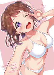 Rule 34 | 1girl, ;d, aranami shibuki, arm up, bang dream!, bare arms, bare shoulders, bikini, blush, breasts, brown hair, character name, cleavage, collarbone, commentary request, cone hair bun, cowboy shot, dated, from above, hair bun, hair ornament, halterneck, happy birthday, heart, highres, long hair, looking at viewer, looking up, medium breasts, navel, one eye closed, open mouth, outstretched arm, pink background, purple eyes, selfie, smile, solo, star (symbol), star hair ornament, string bikini, swept bangs, swimsuit, teeth, toyama kasumi, two-tone background, upper teeth only, v, white bikini