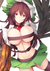 Rule 34 | 1girl, arm cannon, arm up, belt, black thighhighs, black wings, bow, breasts, brown hair, cleavage, closed mouth, feathered wings, gluteal fold, green bow, green skirt, groin, hair between eyes, hair bow, highres, large breasts, long hair, looking at viewer, miniskirt, navel, no bra, open clothes, open shirt, red eyes, reiuji utsuho, satou rin (gobugabuge), shirt, simple background, skindentation, skirt, solo, standing, stomach, thighhighs, third eye, touhou, underboob, weapon, white background, white shirt, wings