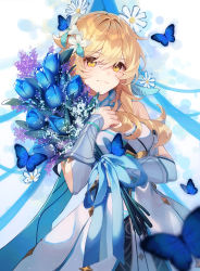 Rule 34 | 1girl, absurdres, bare shoulders, blonde hair, blue flower, blurry, breasts, bug, butterfly, cleavage, closed mouth, commentary, dress, english commentary, flower, genshin impact, hair between eyes, hair flower, hair ornament, highres, holding, holding flower, insect, light particles, looking at viewer, lumine (genshin impact), medium breasts, short hair with long locks, shotgunman, smile, solo, vambraces, white dress, yellow eyes