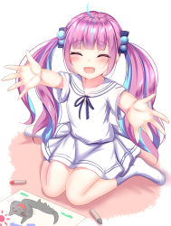 Rule 34 | 1girl, :d, ^ ^, ahoge, child&#039;s drawing, closed eyes, colored inner hair, crayon, closed eyes, facing viewer, hair bobbles, hair ornament, highres, hololive, long hair, minato aqua, miniskirt, multicolored hair, open mouth, outstretched arms, paper, purple hair, sailor collar, school uniform, serafuku, short sleeves, sitting, skirt, smile, socks, solo, streaked hair, twintails, two-tone hair, very long hair, virtual youtuber, wariza, white background, white serafuku, white skirt, white socks, aged down, yuano