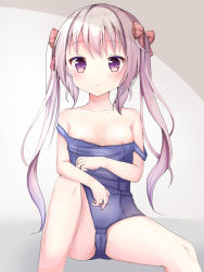 Rule 34 | 1girl, bad id, bad pixiv id, bare shoulders, blue one-piece swimsuit, blush, bow, breasts, brown bow, cameltoe, closed mouth, clothes pull, collarbone, commentary request, hair bow, highres, light brown hair, long hair, looking at viewer, one-piece swimsuit, one-piece swimsuit pull, original, plaid, plaid bow, purple eyes, school swimsuit, sitting, small breasts, solo, swimsuit, tsuruse, twintails, unmoving pattern, very long hair