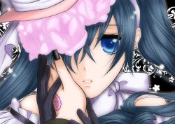 Rule 34 | 00s, 1boy, bare shoulders, blue eyes, blue hair, bow, ciel phantomhive, ciel phantomhive (robin dress), close-up, crossdressing, flower, galaxy blue, gloves, hair over one eye, hand on another&#039;s face, hand on own face, hat, holding hands, kuroshitsuji, lipstick, lolita fashion, makeup, nail polish, solo focus, trap