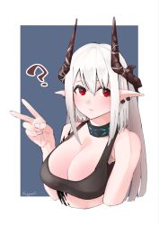 Rule 34 | 1girl, ?, absurdres, arknights, artist name, bare shoulders, black shirt, blue background, blush, border, breasts, cleavage, collar, cropped torso, earrings, fingernails, hand up, highres, horns, jewelry, large breasts, long hair, looking at viewer, mudrock (arknights), open mouth, parted lips, pointy ears, red eyes, shirt, sidelocks, solo, sugac, tank top, v, white border, white hair