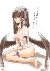 Rule 34 | 1girl, abo (hechouchou), alternate hair length, alternate hairstyle, bare legs, barefoot, black wings, bottomless, brown hair, embarrassed, female focus, hair down, hair half undone, hair ribbon, himekaidou hatate, looking at viewer, low wings, naked shirt, pointy ears, profile, red eyes, ribbon, shirt, sitting, solo, tears, touhou, wariza, wet, wet clothes, wings