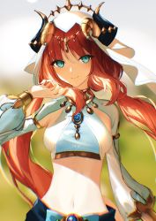 Rule 34 | 1girl, blue eyes, blue skirt, blush, bracelet, breasts, brooch, circlet, commentary request, crop top, detached sleeves, forehead jewel, genshin impact, gold trim, hand up, harem outfit, highres, horns, jewelry, long hair, long sleeves, looking at viewer, midriff, navel, nilou (genshin impact), puffy long sleeves, puffy sleeves, red hair, sash, sidelocks, skirt, smile, solo, tamitami, twintails, upper body, veil, vision (genshin impact)
