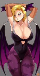 Rule 34 | 1girl, android 18, arms behind head, bat wings, blonde hair, blue eyes, blush, breasts, cosplay, covered erect nipples, covered navel, curvy, demon girl, dragon ball, dragonball z, earrings, grey background, highres, jewelry, jmg, large breasts, leotard, medium hair, morrigan aensland, morrigan aensland (cosplay), pantyhose, purple pantyhose, shiny skin, signature, skin tight, solo, standing, toned, vampire (game), wings