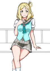 Rule 34 | 1girl, aqua bow, artist name, artist request, blonde hair, blush, bow, bow legwear, braid, breasts, brown eyes, buttons, clenched hand, collarbone, crossed legs, crown braid, female focus, green eyes, green neckerchief, green sweater, green sweater vest, grey sailor collar, grey skirt, hair rings, half-closed eyes, looking at viewer, love live!, love live! sunshine!!, medium breasts, miniskirt, neckerchief, ohara mari, parted lips, plaid, plaid skirt, pleated, pleated skirt, sailor collar, school uniform, shirt, short hair, short sleeves, sitting, skirt, smile, solo, sweater, sweater vest, tie clip, uranohoshi school uniform, white background, white legwear, white shirt, yellow buttons, yellow eyes