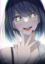 Rule 34 | 1girl, aqua eyes, blue hair, bra strap, chromatic aberration, collarbone, commentary, hair between eyes, kurokawa akane, looking at viewer, medium hair, multicolored nails, nail polish, off shoulder, open mouth, oshi no ko, red nails, shirt, signature, simple background, smile, solo, star-shaped pupils, star (symbol), swept bangs, symbol-shaped pupils, teeth, upper body, upper teeth only, white background, white nails, white shirt, yu-ip