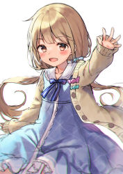 Rule 34 | 1girl, :d, bad id, bad twitter id, blue bow, blue dress, blush, bow, brown eyes, commentary request, dress, futaba anzu, hair bow, hand up, idolmaster, idolmaster cinderella girls, light brown hair, long hair, long sleeves, looking at viewer, low twintails, midorikawa you, open mouth, outstretched arm, sailor collar, sailor dress, simple background, sleeves past wrists, smile, solo, striped, striped bow, twintails, very long hair, white background, white sailor collar