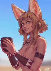 Rule 34 | 1girl, animal ears, arm strap, blurry, blurry background, braid, brown eyes, brown hair, cup, day, flat chest, fox ears, holding, holding cup, jewelry, khiara (personal ami), lips, necklace, nipples, nude, original, outdoors, personal ami, short hair with long locks, side braids, signature, solo, standing, tooth necklace, tribal, upper body, vambraces