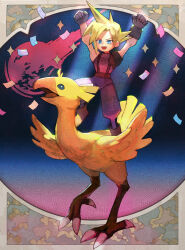 Rule 34 | 1boy, belt, bird, black gloves, blonde hair, blue eyes, blue pants, blue shirt, celebration, chocobo, clenched hands, cloud strife, confetti, feathers, final fantasy, final fantasy vii, gloves, hands up, male focus, meteor, open mouth, pants, parted bangs, riding, riding bird, sasumata jirou, shirt, short hair, single shoulder pad, smile, sparkle, spiked hair, suspenders, talons, yellow feathers