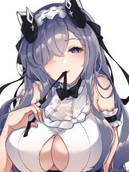 Rule 34 | 1girl, artist name, august von parseval (azur lane), august von parseval (the conquered unhulde) (azur lane), azur lane, bare shoulders, black bow, bow, breasts, cleavage, curled horns, hair over one eye, highres, horns, large breasts, long bangs, long hair, looking at viewer, mechanical horns, mouth hold, official alternate costume, one eye covered, ribbon, ribbon in mouth, simple background, solo, tofu fufu, upper body, white background