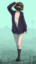 Rule 34 | 1girl, aqua background, areola slip, black footwear, black hair, black hoodie, black mask, black socks, blunt bangs, bob cut, breasts, commentary, fence, full body, grass, green eyes, head tilt, highres, hood, hood down, hoodie, ixola, legs together, loafers, long sleeves, looking at viewer, mask, midriff, mouth mask, naked hoodie, navel, nipple slip, nipples, no pants, original, partially unzipped, road sign, shoes, sign, skyline, small breasts, socks, solo, standing, surgical mask, unzipped, zipper pull tab