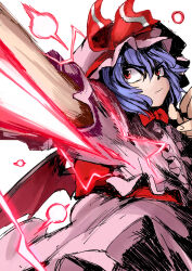 Rule 34 | 1girl, bat wings, battle, blue hair, bow, breasts, bullet, closed mouth, contrast, danmaku, dress, eyes visible through hair, fighting, fisheye, frilled dress, frilled hat, frills, from below, from side, hair between eyes, hat, hat bow, hat ribbon, hatching, hatching (texture), highres, holding, holding weapon, linear hatching, looking away, mob cap, pink dress, pink hat, polearm, puffy short sleeves, puffy sleeves, red bow, red eyes, red lightning, red ribbon, remilia scarlet, ribbon, rightorisamraido3, serious, short hair, short sleeves, simple background, small breasts, solo, spear, spear the gungnir, touhou, unusually open eyes, upper body, weapon, white background, white stripes, wings