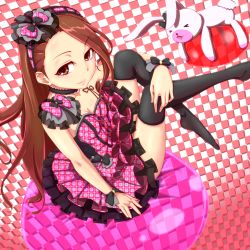 Rule 34 | &gt; &lt;, 1girl, black thighhighs, bow, breasts, brown eyes, brown hair, checkered background, choker, clearite, cleavage, dress, closed eyes, frills, hairband, highres, hugging own legs, idolmaster, idolmaster (classic), long hair, minase iori, no shoes, plaid, smile, solo, stuffed animal, stuffed rabbit, stuffed toy, thighhighs, wrist cuffs