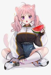 Rule 34 | 1girl, ahoge, animal ears, black jacket, blush, cat ears, cat girl, cat tail, crossed legs, denim, denim shorts, fangs, food, fruit, full body, high-waist shorts, highres, holding, holding food, jacket, long sleeves, looking at viewer, low twintails, mid (gameshe), nail polish, open mouth, original, pink hair, pink nails, puffy sleeves, purple eyes, shoes, short shorts, shorts, simple background, sitting, sleeves past wrists, sneakers, socks, solo, tail, track jacket, twintails, watermelon, white jacket, white socks