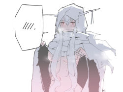 Rule 34 | 1girl, arknights, artist name, blush, breasts, commentary, demon horns, elsi, expressionless, hair between eyes, hair censor, hair over breasts, hood, hood up, hooded robe, horns, horns through hood, lifted by self, long hair, medium breasts, navel, red eyes, robe, robe lift, shining (arknights), sidelocks, simple background, solo, speech bubble, spoken blush, sweatdrop, underboob, upper body, very long hair, white background, white robe
