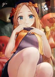 Rule 34 | 1girl, :o, abigail williams (fate), artist name, bare arms, bare shoulders, black bow, black hat, black shirt, black skirt, blue eyes, blush, bow, bug, butterfly, commentary request, fate/grand order, fate (series), forehead, gio (maroon0924), hair bow, hat, insect, long hair, looking at viewer, orange bow, orange scarf, parted bangs, parted lips, pleated skirt, scarf, shirt, skirt, sleeveless, sleeveless shirt, solo, very long hair