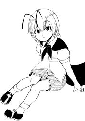 Rule 34 | 1girl, absurdres, antenna hair, blush, cape, closed mouth, collared shirt, commentary request, full body, greyscale, highres, himajin noizu, knees together feet apart, looking at viewer, mary janes, monochrome, shirt, shoes, short hair, short sleeves, shorts, simple background, sitting, smile, socks, solo, touhou, white background, wriggle nightbug