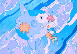 Rule 34 | 1girl, absurdres, blue theme, closed eyes, closed mouth, cloud, fish, highres, juliet sleeves, long sleeves, meyoco, original, pink hair, puffy shorts, puffy sleeves, shirt, short hair, shorts, sleeves past wrists, solo, sparkle, sun, sunfish, white shirt