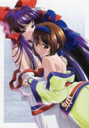Rule 34 | 2girls, :o, back, bare back, bare shoulders, black eyes, bow, breasts, breasts out, brown eyes, brown hair, female focus, hair bow, hair over breasts, hairband, hug, japanese clothes, kimono, kimono pull, long hair, looking at viewer, looking back, multiple girls, nakoruru, nipples, off shoulder, open clothes, open mouth, purple eyes, purple hair, rimururu, samurai spirits, scan, scan artifacts, short hair, siblings, sisters, small breasts, source request, traditional clothes, undressing, watanabe akio, winter, yuri