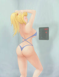 Rule 34 | 1girl, ass, bathing, blonde hair, blue suit, breasts, butt crack, closed eyes, clothes, female focus, formal, huge ass, large breasts, legs folded, long hair, metroid, nintendo, pale skin, ponytail, saf-404, samus aran, shower (place), showering, solo, straight hair, suit, swimsuit, switch, washing hair