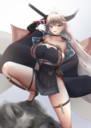 Rule 34 | 1girl, azur lane, black footwear, breasts, cleavage, collarbone, feet out of frame, grey hair, hakuryuu (azur lane), highres, holding, holding sword, holding weapon, horns, huge breasts, japanese clothes, kdkaikai, long hair, looking at viewer, open mouth, over shoulder, platinum blonde hair, purple eyes, shoes, simple background, solo, standing, sword, sword over shoulder, weapon, weapon over shoulder
