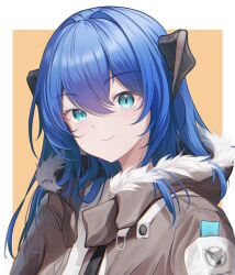Rule 34 | 1girl, aqua eyes, arknights, black horns, blue hair, border, brown jacket, closed mouth, fur-trimmed hood, fur trim, hair between eyes, highres, hood, hood down, hooded jacket, horns, jacket, light blush, lit for 20, long hair, looking at viewer, mostima (arknights), outside border, simple background, smile, solo, upper body, white border, yellow background