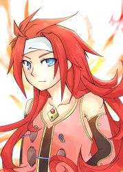 Rule 34 | 00s, 1boy, blue eyes, gem, gloves, gradient background, headband, long hair, male focus, red hair, solo, tales of (series), tales of symphonia, white background, wings, zelos wilder