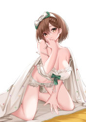 Rule 34 | 1girl, absurdres, atelier (series), atelier ryza, atelier ryza 1, atelier ryza 2, azur lane, between legs, blanket, bow, braid, braided bangs, breasts, brown eyes, brown hair, camisole, catnnn, cleavage, french braid, frilled camisole, frilled panties, frills, hair bow, hairband, hand between legs, hand up, highres, kneeling, large breasts, official alternate costume, panties, reisalin stout, reisalin stout (late night alchemist), short shorts, shorts, thick thighs, thighs, underwear