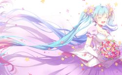 Rule 34 | 1girl, absurdly long hair, ahoge, aqua hair, bad id, bad pixiv id, blue hair, bouquet, dress, elbow gloves, closed eyes, floating hair, flower, gloves, hair flower, hair ornament, hatsune miku, long hair, mame (yangqi787), open mouth, solo, twintails, very long hair, vocaloid, white background