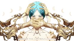 Rule 34 | 1other, absurdres, androgynous, colored eyelashes, copyright name, crying, crying with eyes open, crystal hair, gold, golden arms, green eyes, green hair, hands on another&#039;s face, highres, houseki no kuni, looking at viewer, molten metal, parted bangs, phosphophyllite, short hair, solo, tears, white background, yumehime