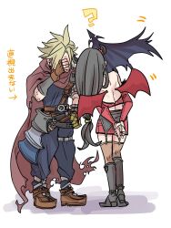 Rule 34 | 1boy, 1girl, ?, arms behind back, baggy pants, bare shoulders, bat wings, belt, black footwear, black garter belt, black hair, blonde hair, blue pants, blue shirt, blush, boots, brown gloves, brown thighhighs, cape, cloak, cloud strife, commentary request, covering face, demon girl, demon horns, demon wings, detached sleeves, ear blush, embarrassed, final fantasy, final fantasy vii, fingerless gloves, from behind, full body, garter belt, gloves, halloween, halloween costume, highres, horns, kingdom hearts, knee boots, long hair, looking at another, low-tied long hair, multiple belts, oshibainoticket, own hands together, pants, red cape, red cloak, red skirt, red sleeves, shirt, single wing, skirt, spiked hair, standing, sweatdrop, thighhighs, tifa lockhart, torn cape, torn clothes, translation request, very long hair, wings