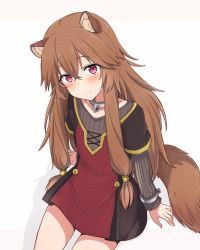 Rule 34 | 1girl, animal ear fluff, animal ears, blush, bracelet, brown hair, closed mouth, commentary request, dress, head tilt, highres, jewelry, long hair, long sleeves, looking at viewer, nonono (mino), purple eyes, raccoon ears, raccoon girl, raccoon tail, raphtalia, ribbon, sidelocks, simple background, sitting, smile, solo, tail, tate no yuusha no nariagari, very long hair, white background