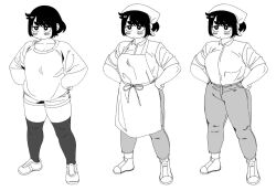 Rule 34 | 1girl, apron, bandana, breasts, commentary, denim, hands on own hips, jeans, large breasts, niku (pomki), original, pants, pomki, shoes, short hair, short shorts, shorts, sleeves rolled up, sneakers, sweater, thick eyebrows, thighhighs