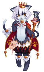 Rule 34 | 1girl, animal ears, blush, cait sith (monster girl encyclopedia), cat ears, cat tail, crown, flat chest, full body, furry, furry female, kenkou cross, kenkou cross (publisher), looking at viewer, monster girl encyclopedia, navel, official art, short hair, simple background, smile, solo, tail, wand, white background, white hair, yellow eyes