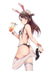 Rule 34 | 10s, 1girl, animal ears, ass, bikini, black bikini, bow, breasts, brown hair, closed mouth, commentary request, covered erect nipples, cup, drinking glass, drinking straw, feet, food, from behind, fruit, hair ornament, high heels, holding, holding cup, holding drinking glass, kagari atsuko, little witch academia, long hair, looking at viewer, looking back, maid headdress, orange (fruit), orange slice, pink bow, rabbit ears, rabbit tail, red eyes, simple background, small breasts, smile, soles, solo, standing, standing on one leg, swimsuit, tail, thighhighs, white background, white thighhighs, wrist cuffs, xiaosan ye