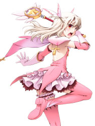 Rule 34 | 1girl, :o, albino, angry, armpits, back, blush, boots, breasts, bridal garter, cape, cross, elbow gloves, fate/kaleid liner prisma illya, fate (series), feather hair ornament, feathers, fighting stance, frilled skirt, frills, from side, gloves, hair between eyes, hair ornament, high heels, highres, horiguchi hiroshi, illyasviel von einzbern, kaleidostick, kneepits, lace, lace-trimmed skirt, lace trim, leg lift, long hair, looking at viewer, looking back, magical girl, miniskirt, open mouth, parted bangs, pink footwear, pink thighhighs, prisma illya, red eyes, skirt, small breasts, solo, spread legs, standing, standing on one leg, star (symbol), thigh boots, thighhighs, two side up, wand, white gloves, white hair