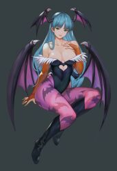 Rule 34 | 1girl, black leotard, boots, breasts, bright pupils, demon girl, demon wings, full body, green eyes, green hair, head wings, highres, leotard, long hair, morrigan aensland, pantyhose, pink pantyhose, smile, solo, strapless, strapless leotard, undertow6150, darkstalkers, wings