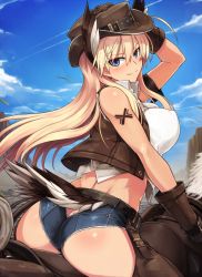 Rule 34 | 1girl, ahoge, arm up, armband, ass, back, bad id, bad twitter id, bare shoulders, belt, blonde hair, blue eyes, blush, bouncing breasts, breasts, buckle, butt crack, chaps, cliff, clothing cutout, cloud, contrail, covered erect nipples, cowboy hat, cowboy shot, cowboy western, crop top, cutoffs, day, denim, denim shorts, floating hair, from side, gloves, hair between eyes, hand on headwear, hanna-justina marseille, hat, head wings, horse, horseback riding, jacket, large breasts, leather, light smile, long hair, looking at viewer, looking back, null (nyanpyoun), open clothes, open vest, outdoors, riding, shirt, short shorts, shorts, sidelocks, sky, sleeveless, smile, solo, strike witches, tail, tail through clothes, tattoo, vest, wings, world witches series